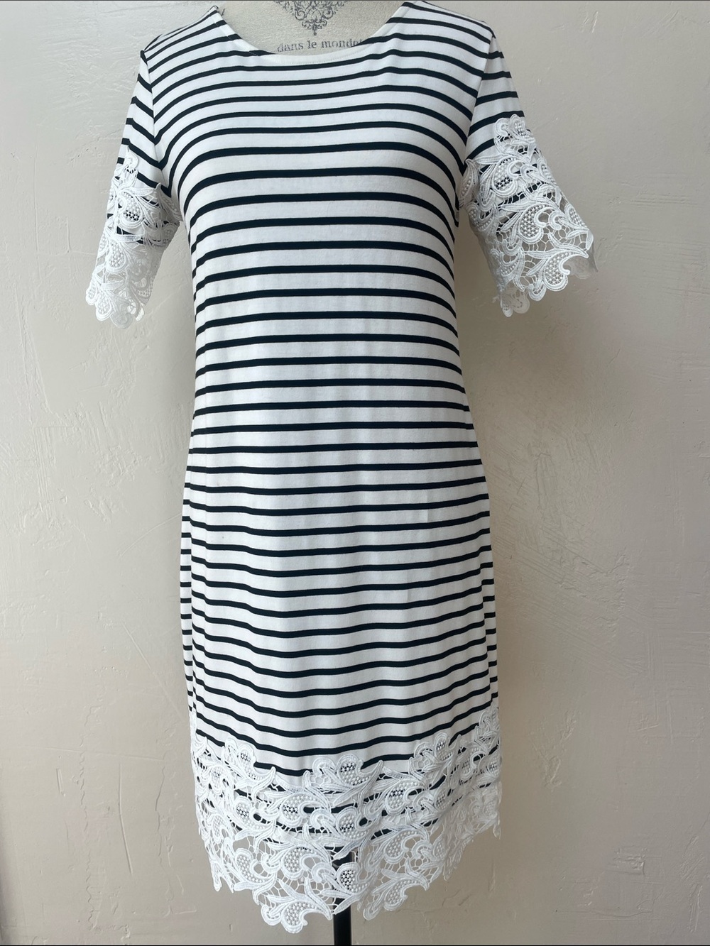 Tommy Hilfiger Black and White Striped Lace-Trim Shift Dress